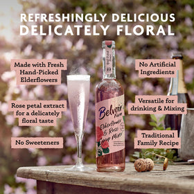 Belvoir Fruit Farms Elderflower & Rose Syrup flowers close-up highlighting organic elderflowers and blossoms.