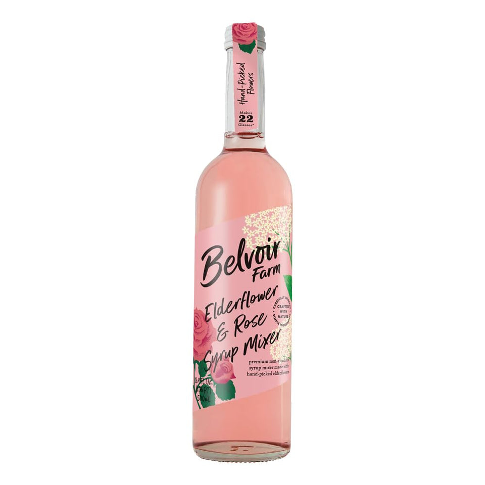 Belvoir Fruit Farms Elderflower & Rose Syrup bottle label highlights premium floral ingredients.