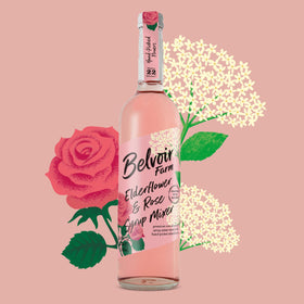 Belvoir Fruit Farms Elderflower & Rose Syrup bottle pour for floral cocktails.