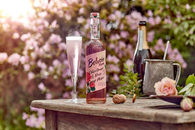Belvoir Fruit Farms Elderflower & Rose Syrup bottle with rose petals for fragrant drinks.