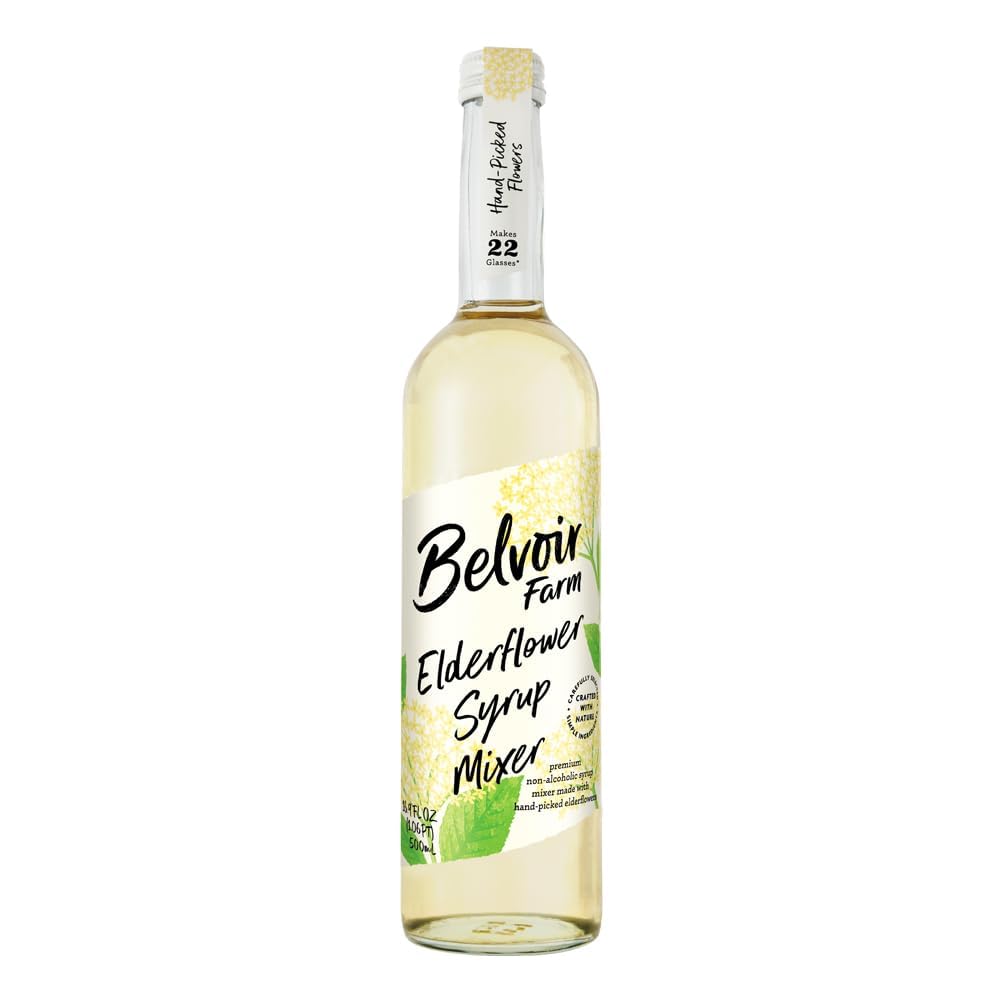 Belvoir Fruit Farms Elderflower Syrup bottle with fresh elderflowers for premium cocktails.