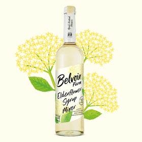 Belvoir Elderflower Syrup jar shows blossoms, ideal for botanical drinks.