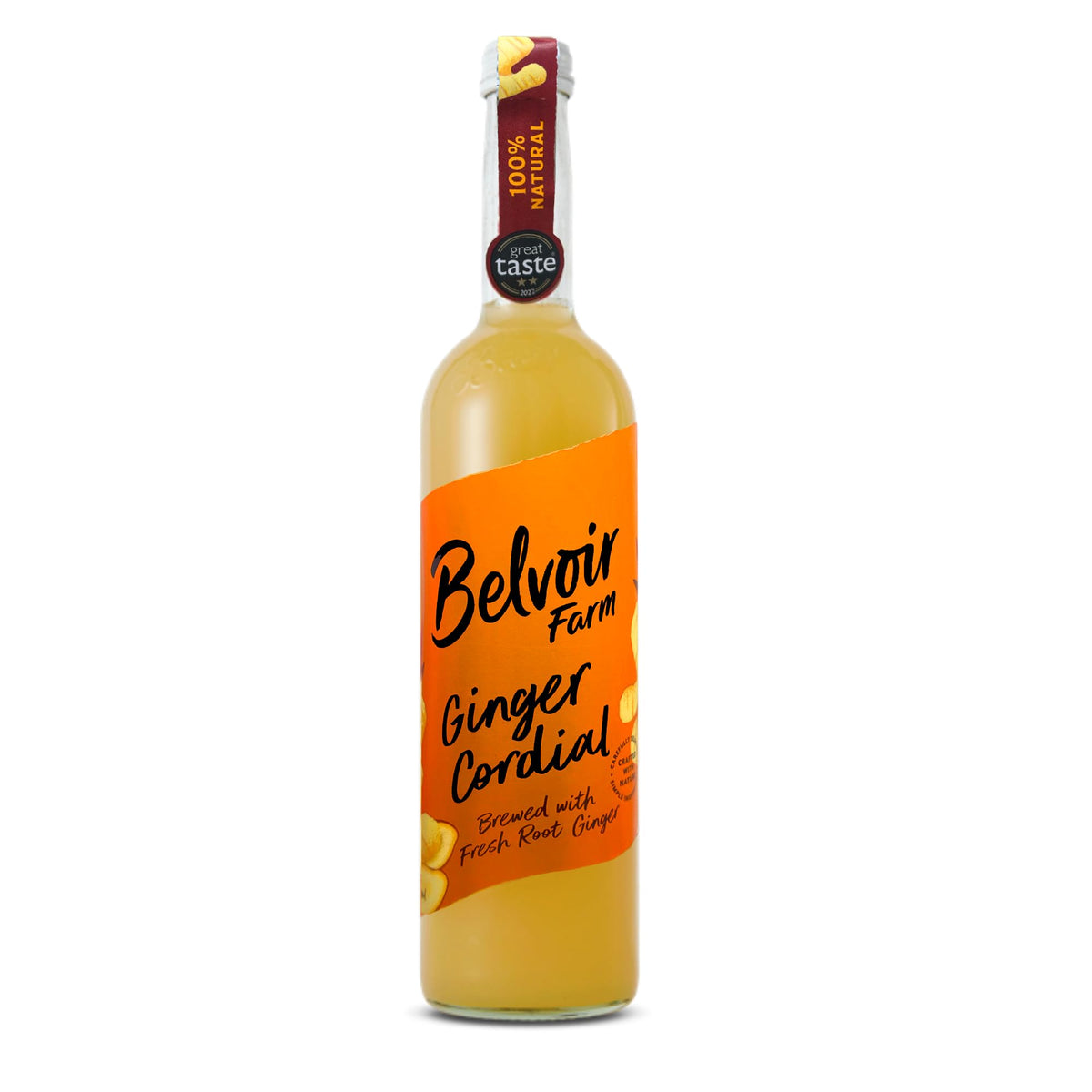 Belvoir Ginger Cordial bottle being poured, a vibrant mixer for cocktails and mocktails.