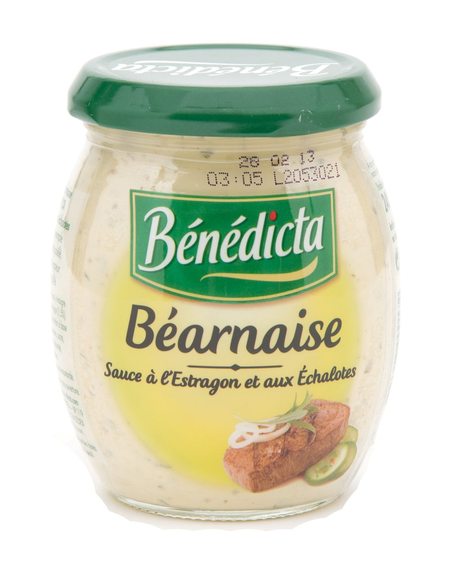 Benedicta Béarnaise sauce bottle ready to top grilled steak with rich herb flavors.