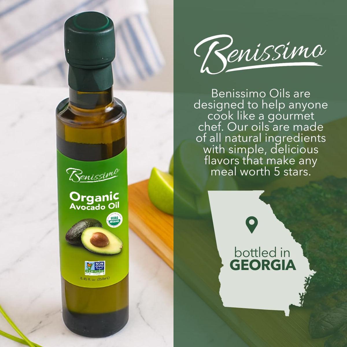 Benissimo avocado oil allergen-free icons on label