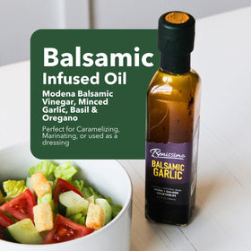 Benissimo Balsamic Garlic Oil bottle provides a tangy glaze for bread and vegetables.