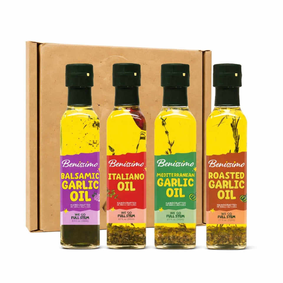 Benissimo Italiano Herb Oil bottle ready to enhance pasta and vegetables.