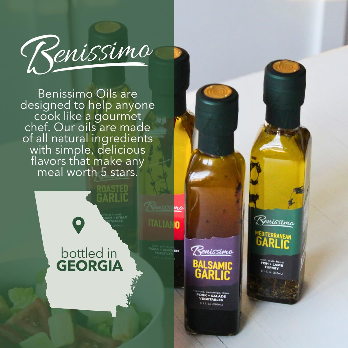 Benissimo Kitchen hero pack shot highlights premium oils for home cooks.