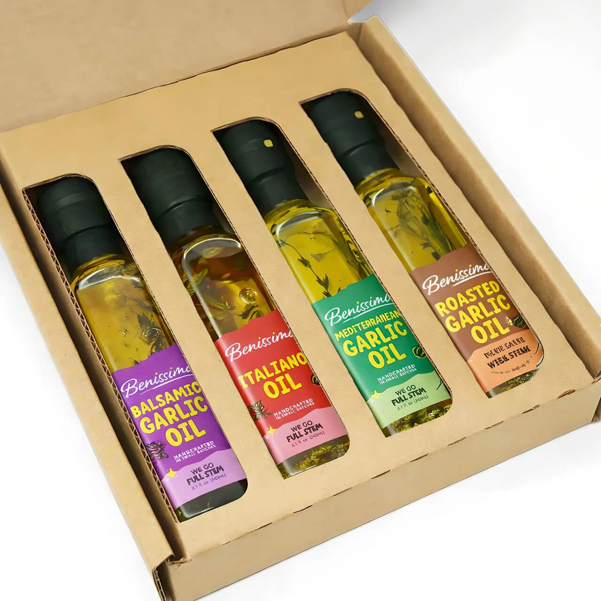 Benissimo Mediterranean Garlic Oil bottle brightens seafood and greens with herbs.