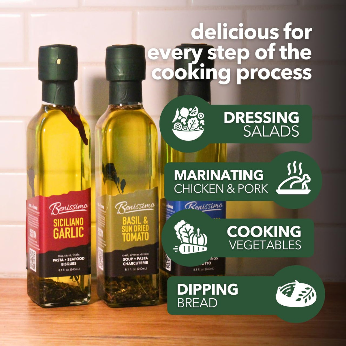 Benissimo Oil drizzle on salad highlights fresh herbs and garlic flavors.