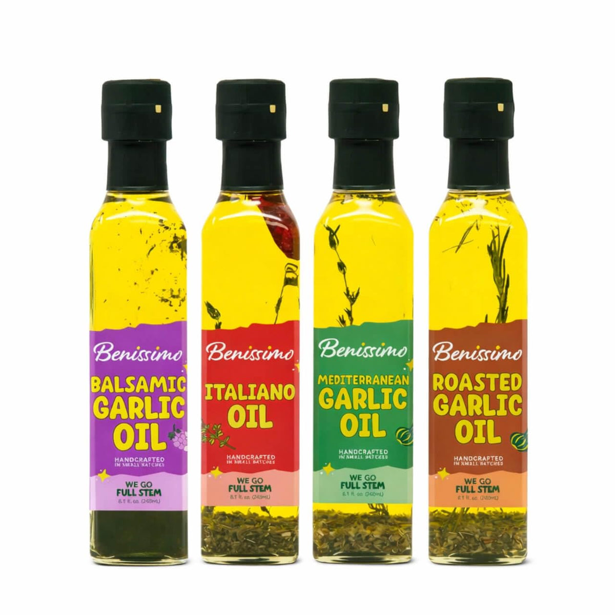 Benissimo Roasted Garlic Oil bottle adds depth to roasted vegetables and meats.