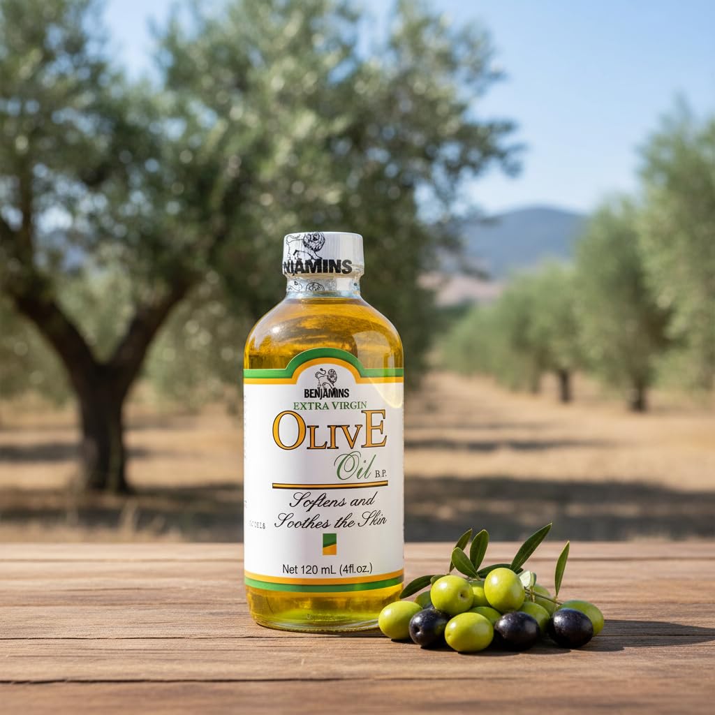 Benjamins EVOO 4oz bottle on a kitchen shelf for easy grabbing.