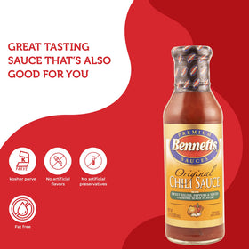 Pouring Bennett's Original Chili Sauce to glaze burgers and hot dogs