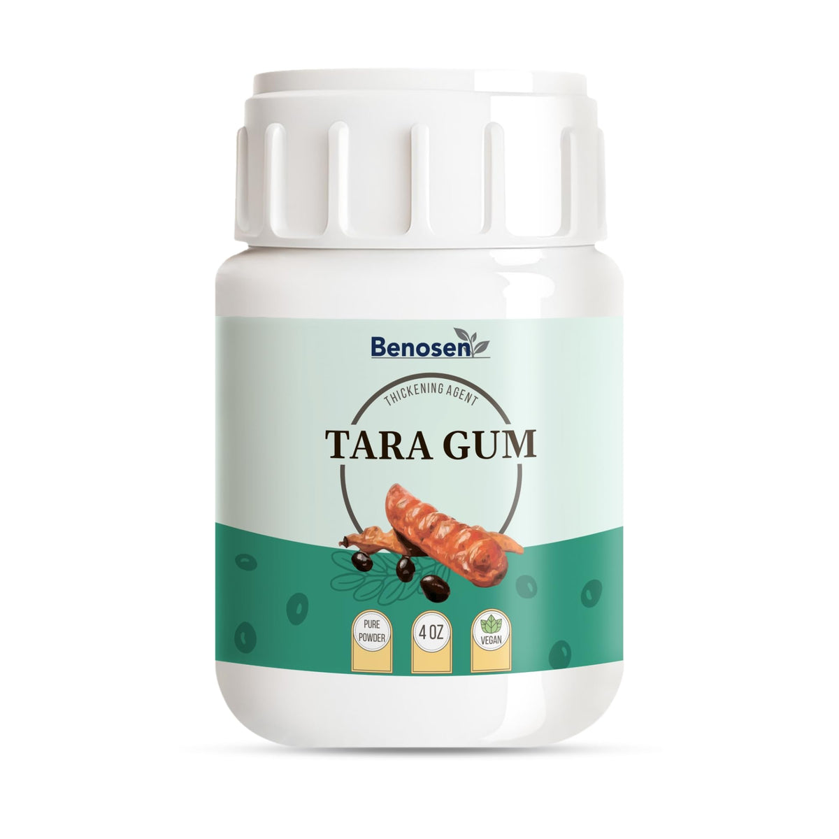 Benosen Tara Gum Powder bottle shows a plant-based thickener for creamy ice cream textures.