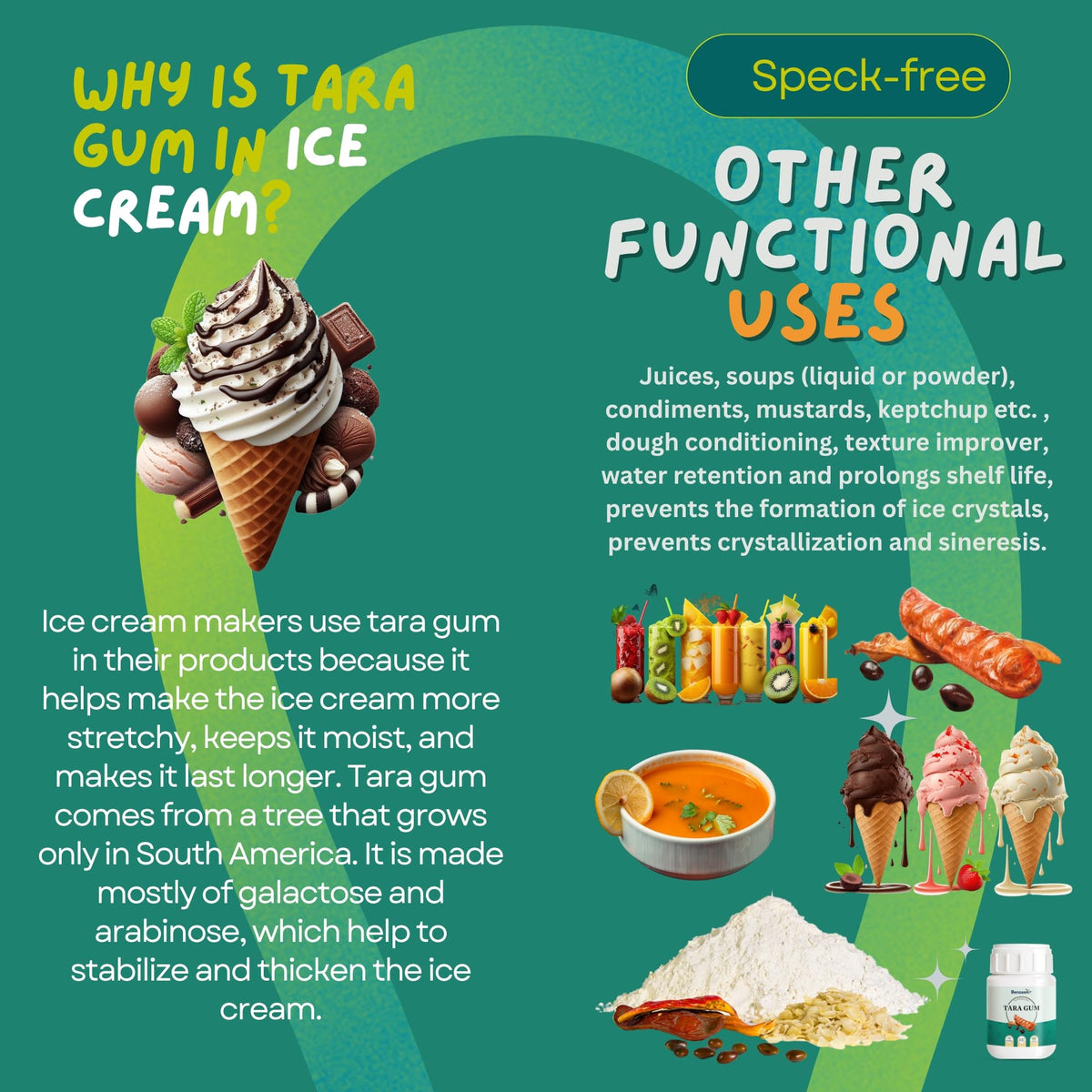 Benosen Tara Gum Powder label emphasizes vegan, clean-label thickener for recipes.