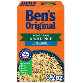 BEN'S ORIGINAL long grain and wild rice box shows convenient packaging for easy meals