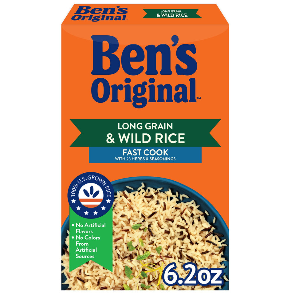 BEN'S ORIGINAL long grain and wild rice box shows convenient packaging for easy meals