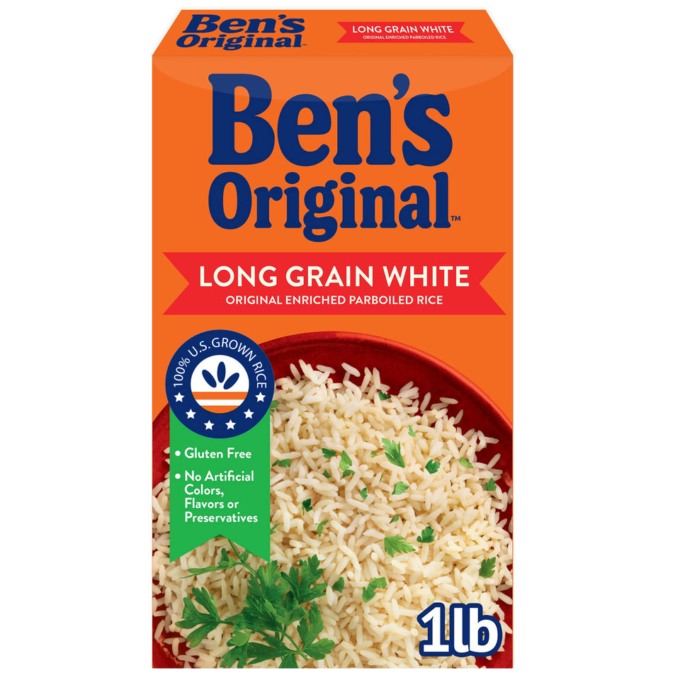 BEN'S ORIGINAL parboiled long grain white rice twelve-box pack ready for family meals.