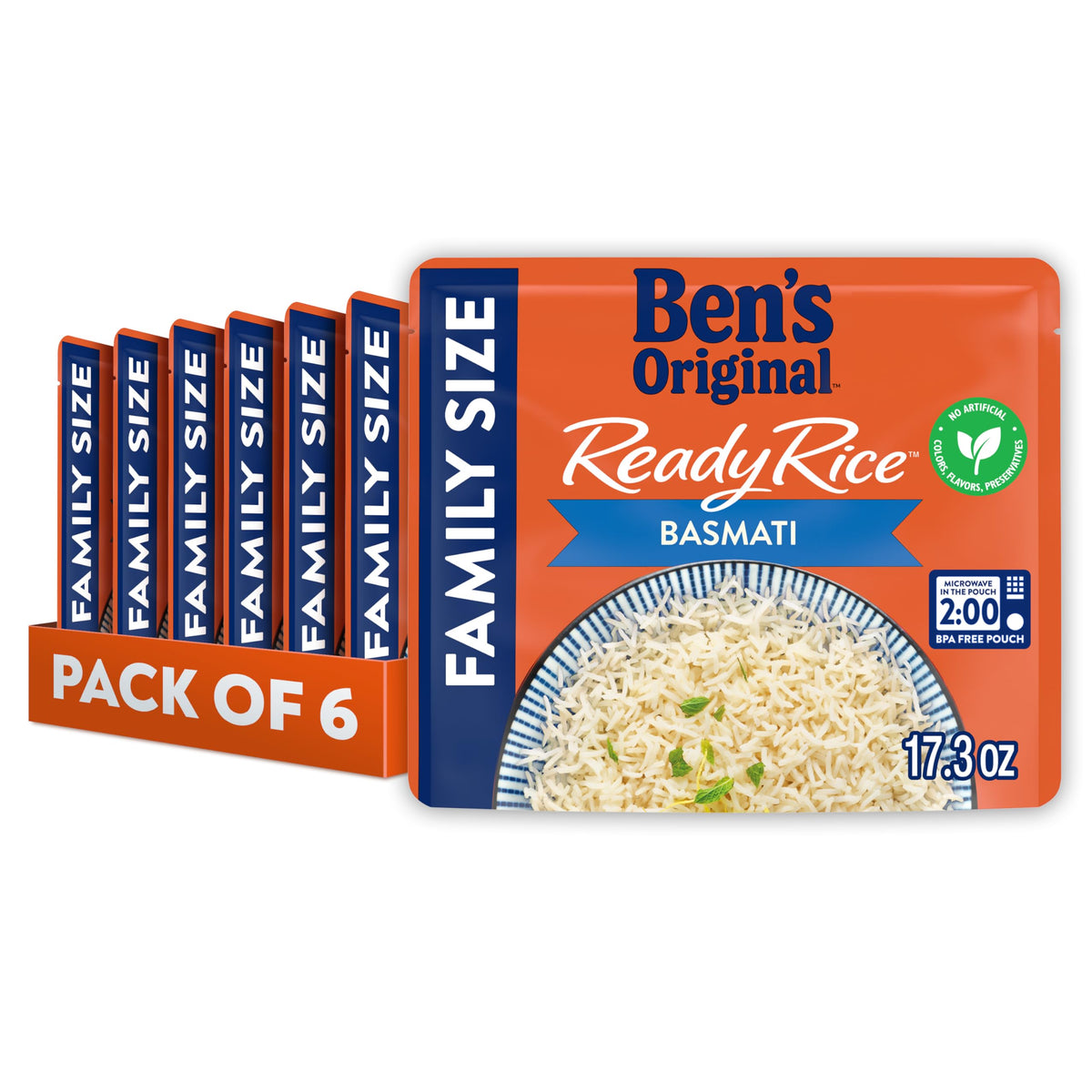 BEN'S ORIGINAL Ready Rice Basmati Family Pack with six BPA-free pouches for quick meals.