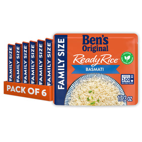 BEN'S ORIGINAL Ready Rice Basmati Family Pack with six BPA-free pouches for quick meals.