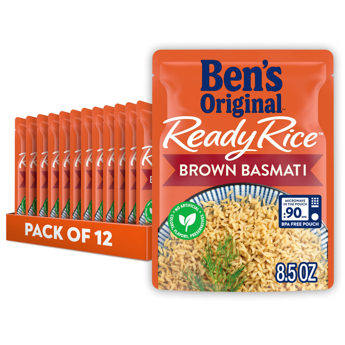 BEN'S ORIGINAL Ready Rice Brown Basmati front pack showing 12-pack convenience
