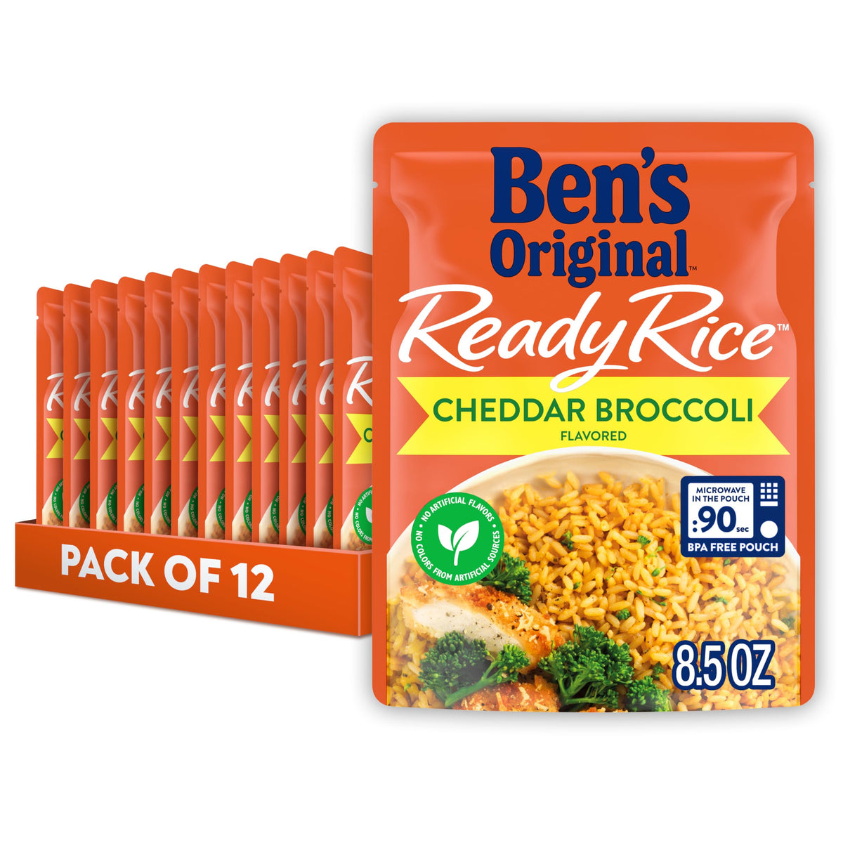 BEN'S ORIGINAL Ready Rice cheddar broccoli pouch front, quick 90-second meal side