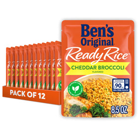 BEN'S ORIGINAL Ready Rice cheddar broccoli pouch front, quick 90-second meal side