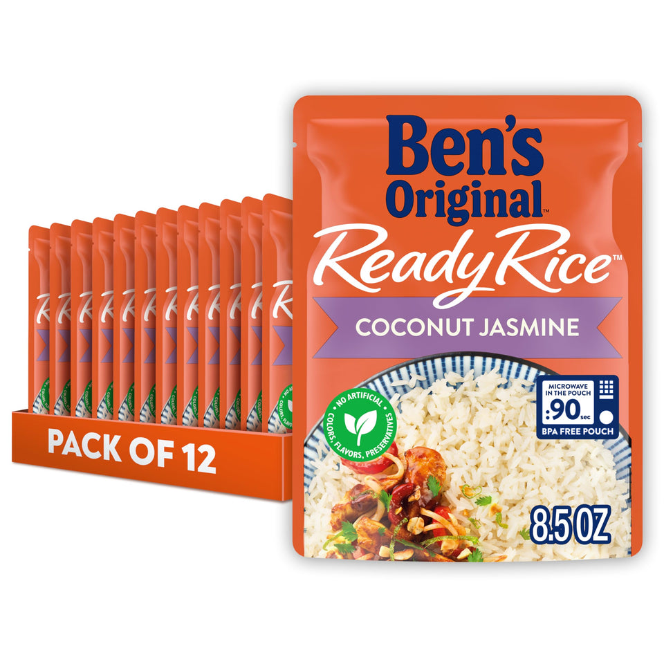 BEN'S ORIGINAL Ready Rice Coconut Jasmine in a microwave pouch for quick meal prep.