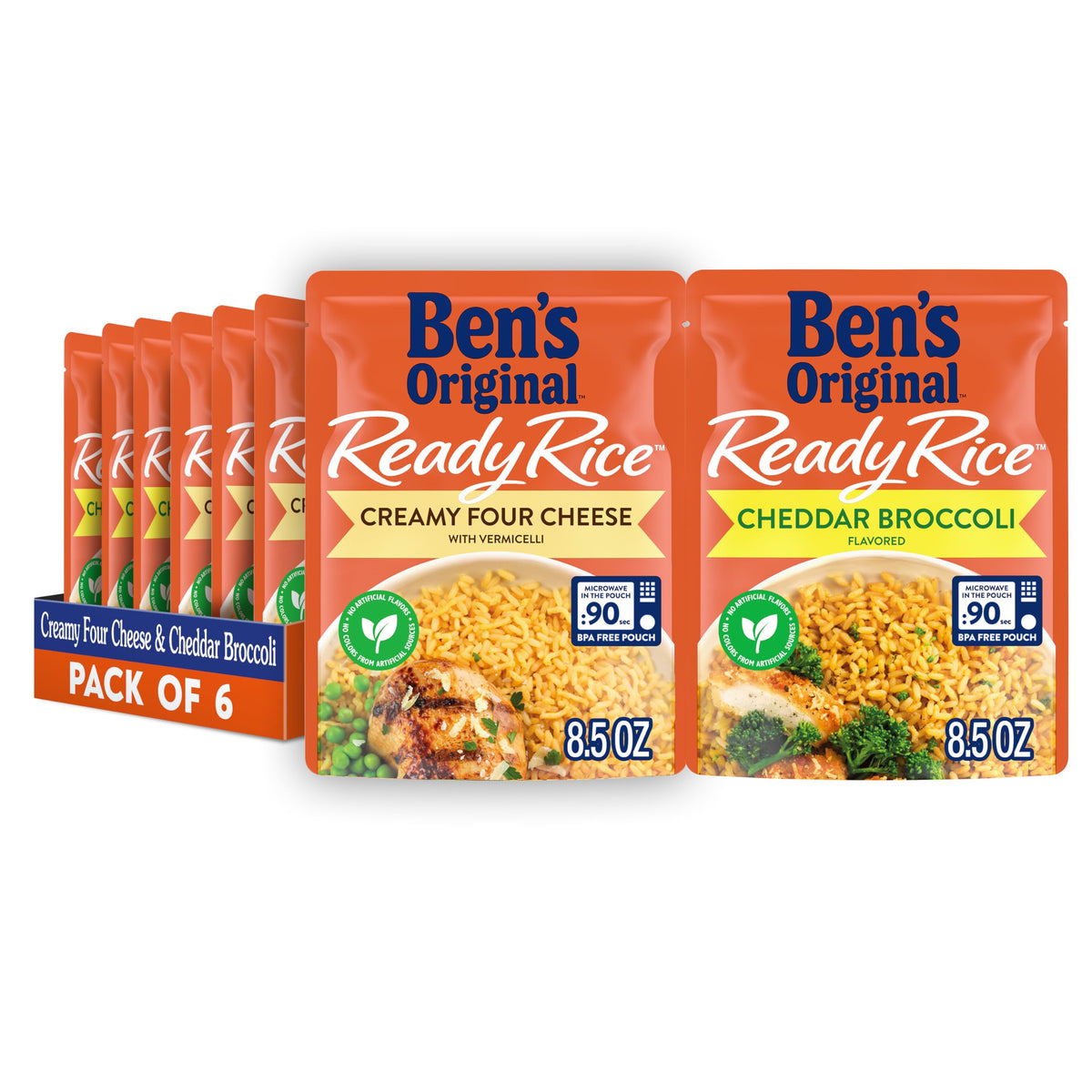 BEN'S ORIGINAL Ready Rice Creamy Four Cheese & Cheddar Broccoli variety pack with six ready-to-heat pouches.