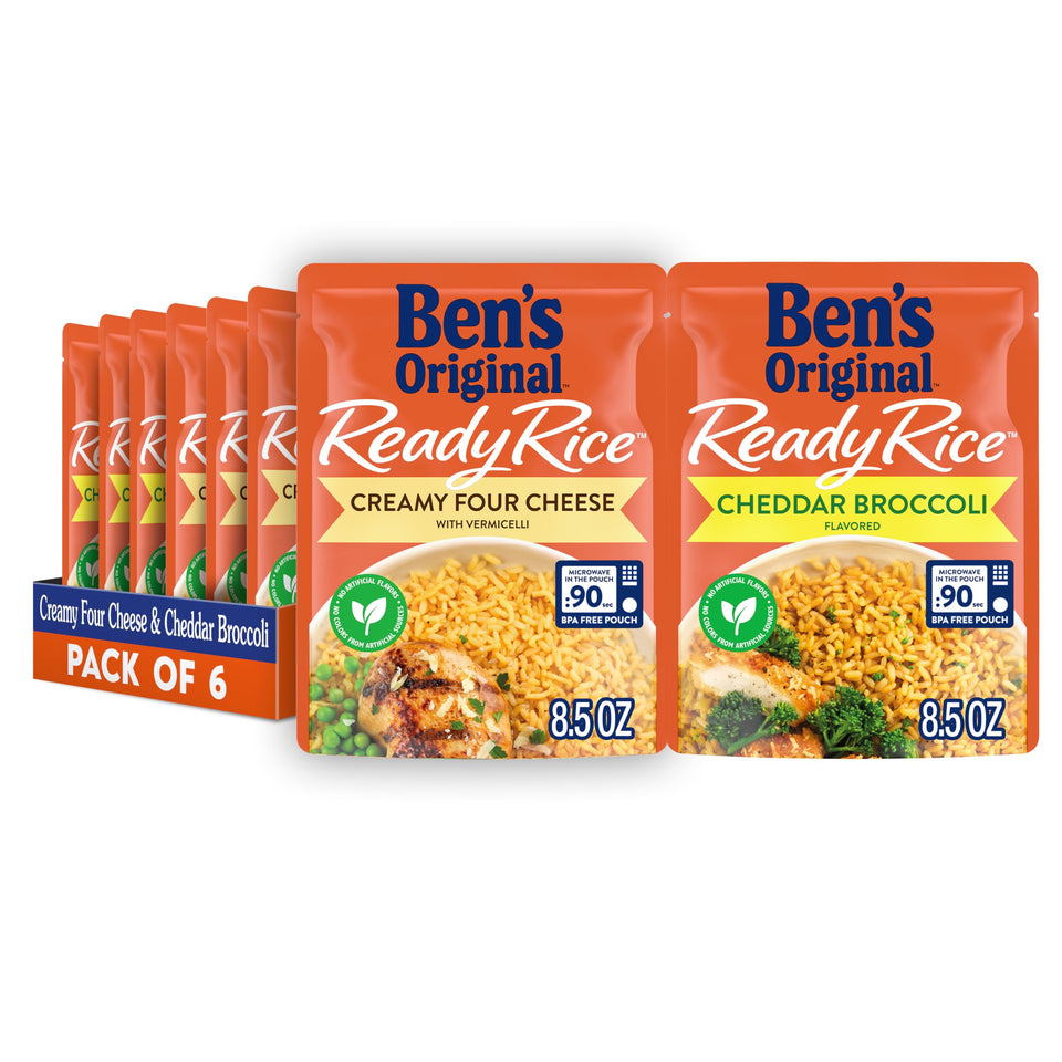 BEN'S ORIGINAL Ready Rice Creamy Four Cheese & Cheddar Broccoli variety pack with six ready-to-heat pouches.