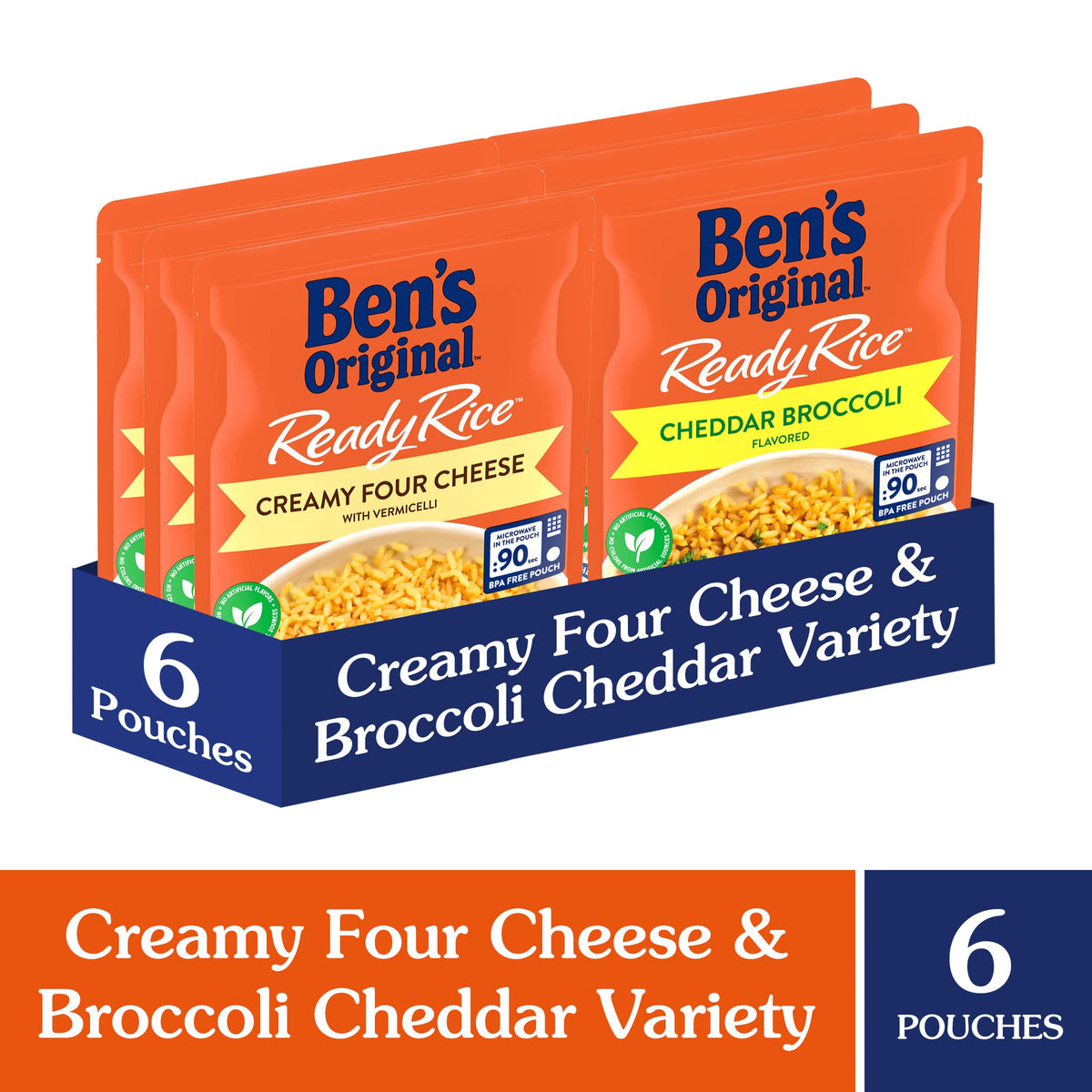 A single BEN'S ORIGINAL Ready Rice Creamy Four Cheese and Cheddar Broccoli pouch, creamy texture ready to serve.