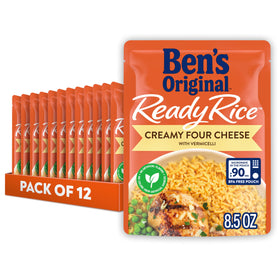 BEN'S ORIGINAL Ready Rice Creamy Four Cheese packaging highlights quick prep for busy weeknights.
