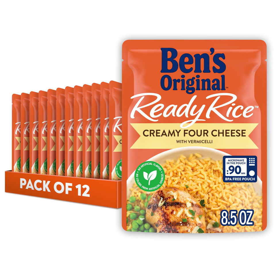 BEN'S ORIGINAL Ready Rice Creamy Four Cheese packaging highlights quick prep for busy weeknights.