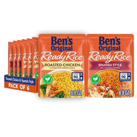 BEN'S ORIGINAL Ready Rice roasted chicken pack front showcases a six-pack for quick family meals.