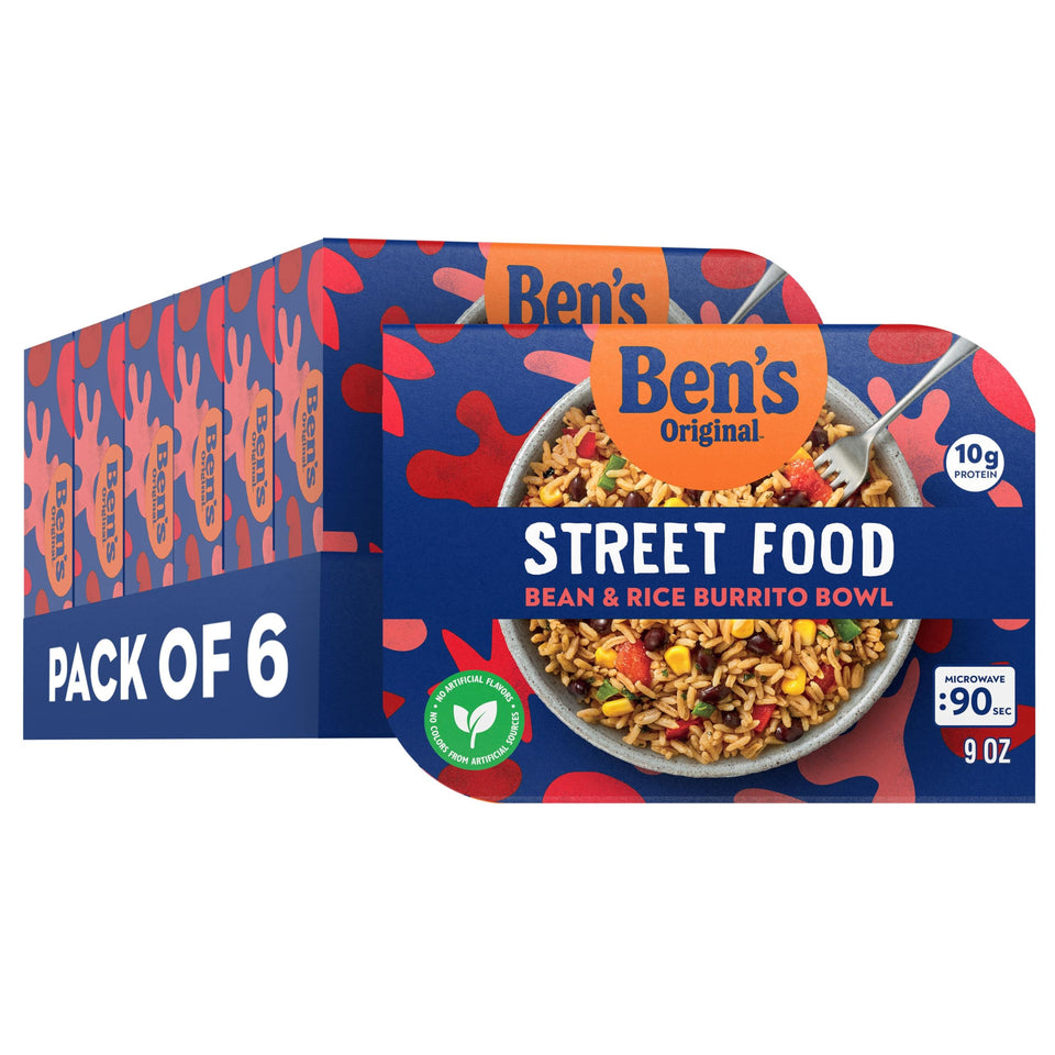 BEN'S ORIGINAL Street Food burrito bowl front-pack featuring six servings for quick meals.
