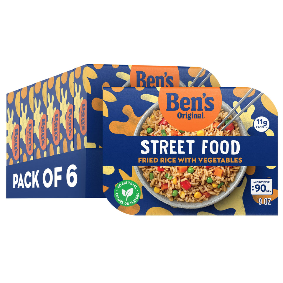 BEN'S ORIGINAL Street Food Fried Rice with Vegetables pack shot showing six microwavable bowls.