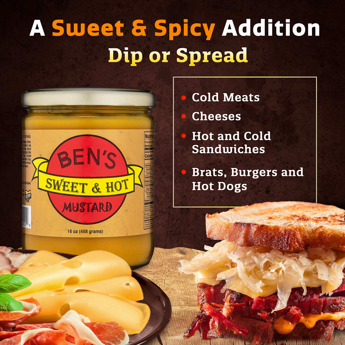 Ben's Sweet & Hot yellow mustard jar, perfect for dipping and topping.