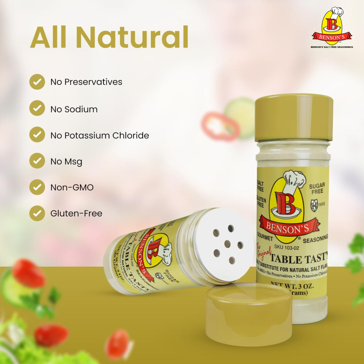 Benson's Table Tasty popcorn seasoning jar offers gluten-free no MSG blend for guilt-free snacks.