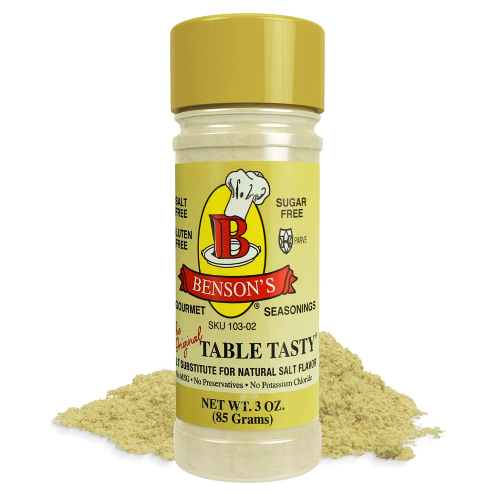 Benson’s Table Tasty salt substitute bottle front view, sodium-free flavor enhancer.