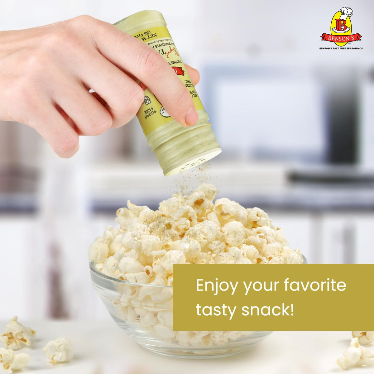 Gourmet popcorn dusted with Benson’s salt-free seasoning.