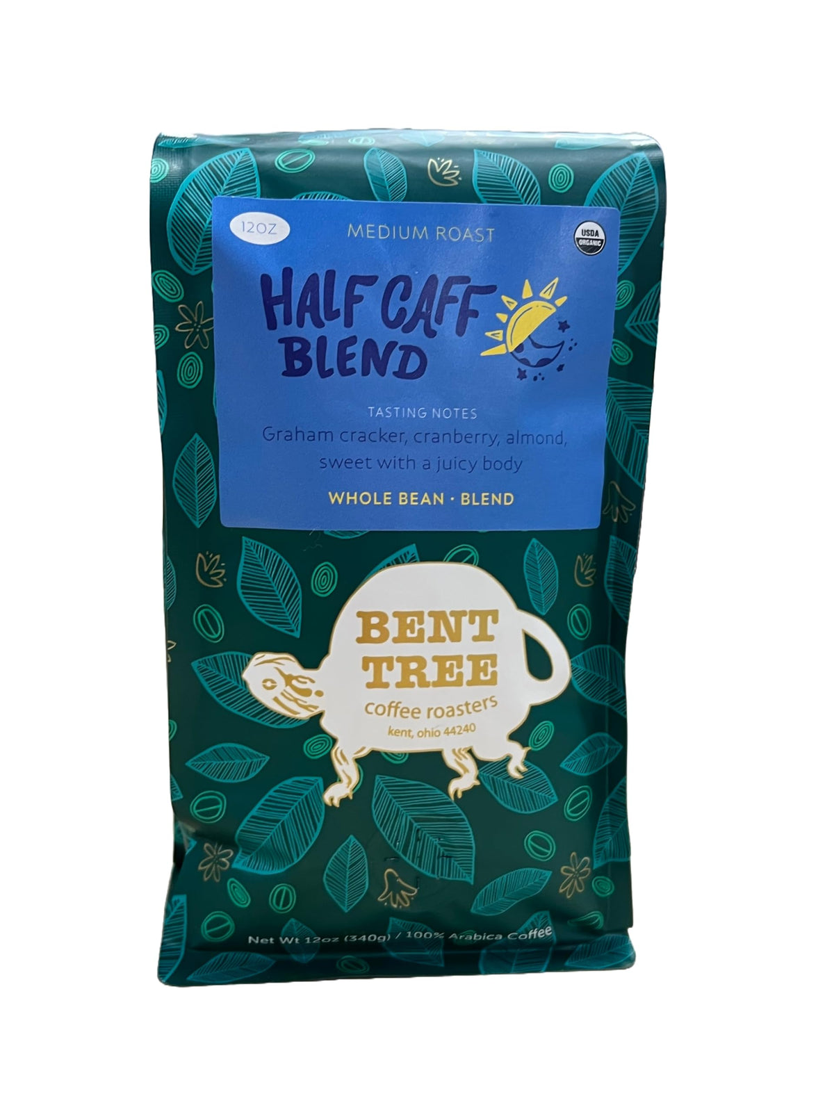 Bent Tree Organic Half Caff 12oz bag on display, ideal for smoother mornings.