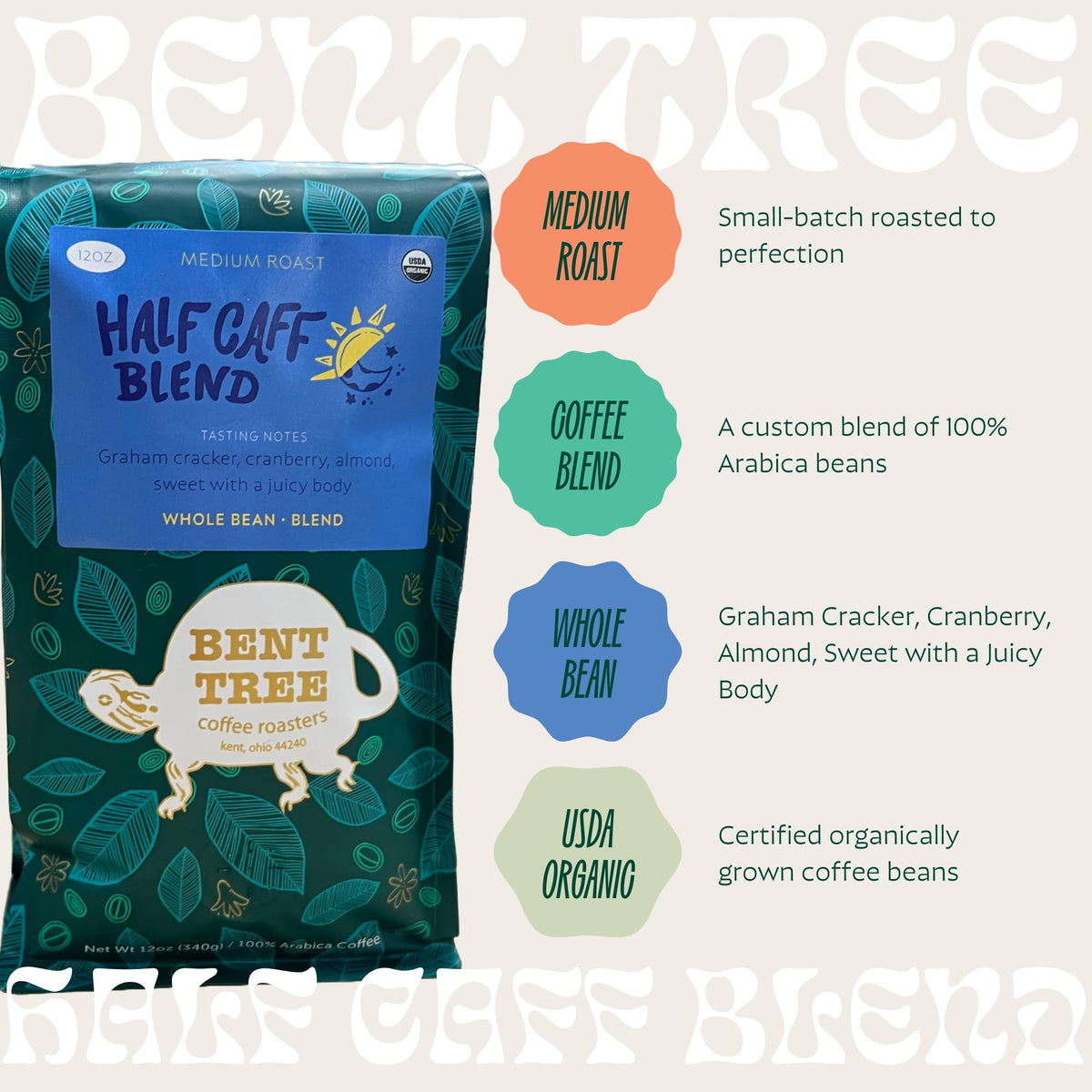 Bent Tree Organic Medium Roast cup with steam signals balanced aroma and flavor.