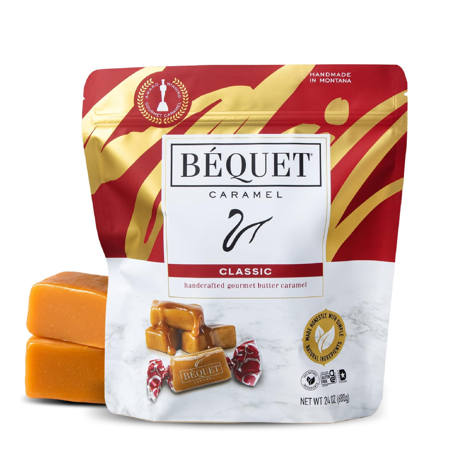 Bequet Classic Caramels packaging in a resealable pouch for lasting freshness and easy sharing