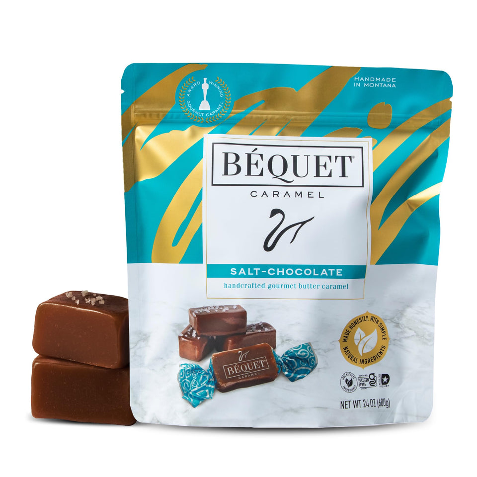 Bequet Salt Chocolate Caramel candies close-up shows creamy texture and premium flavor.