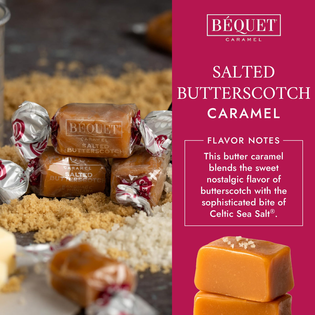 Bequet caramels close-up showing soft, chewy texture.