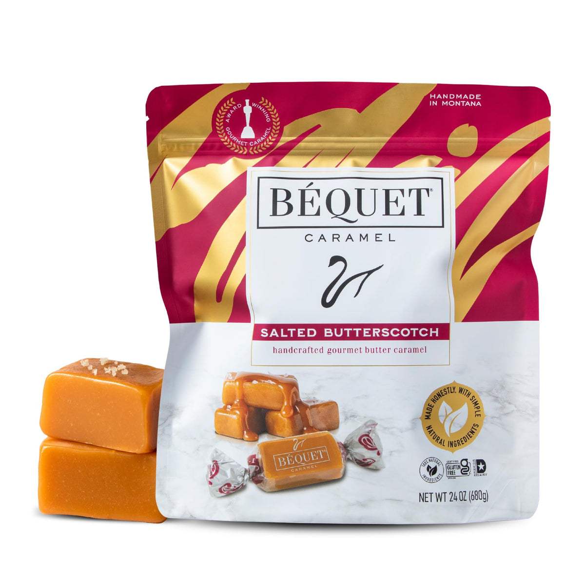 Bequet Salted Butterscotch Caramels pouch front, ideal for gifting and sharing.