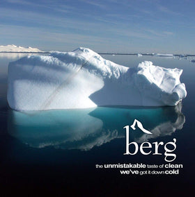 Berg Water glass bottle packaging signifies premium, recyclable material.