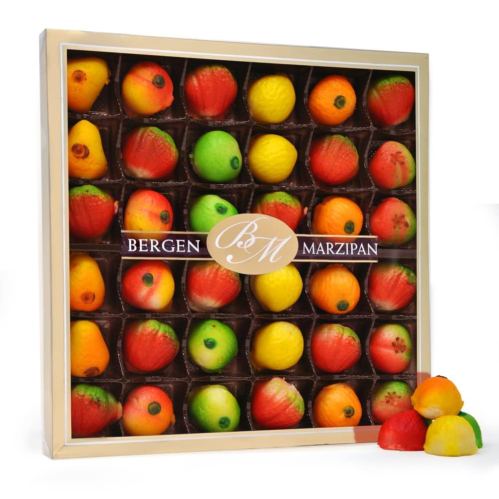 Bergen Marzipan 36-piece fruit box tray in bright colors for gifting