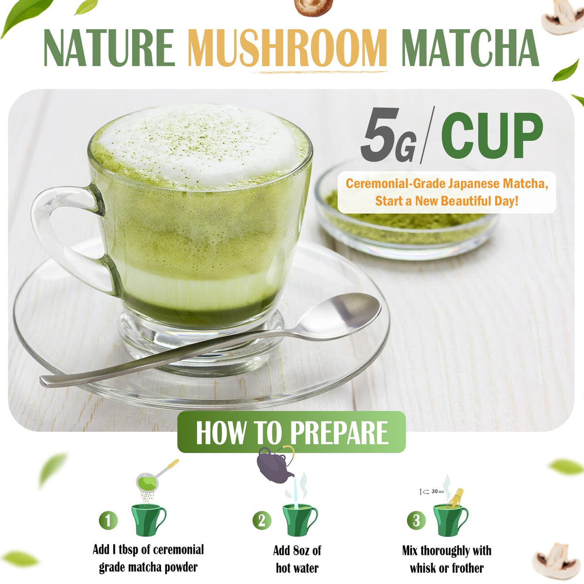 Hot BeriWell matcha latte in a mug with steam.