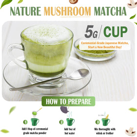 Hot BeriWell matcha latte in a mug with steam.